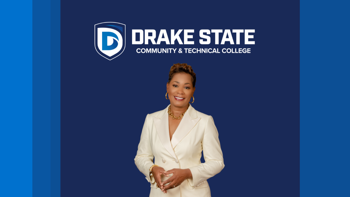 This photo in an informational graphic photo. The graphic depicts the Drake State Community and Technical College logo above a cut out photo of Dr. Sims in a white suite. Dr. Sims has on gold accessories.